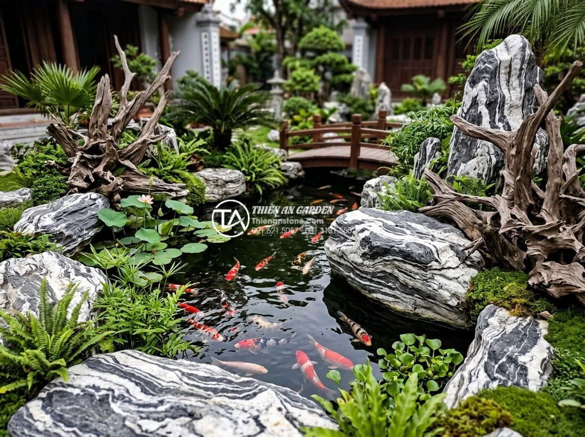 So sánh tiểu cảnh gỗ lũa khô và tiểu cảnh gỗ lũa bể cá (Aquascaping) - Beautiful hybrid garden featuring both dry driftwood elements and adjacent aquas