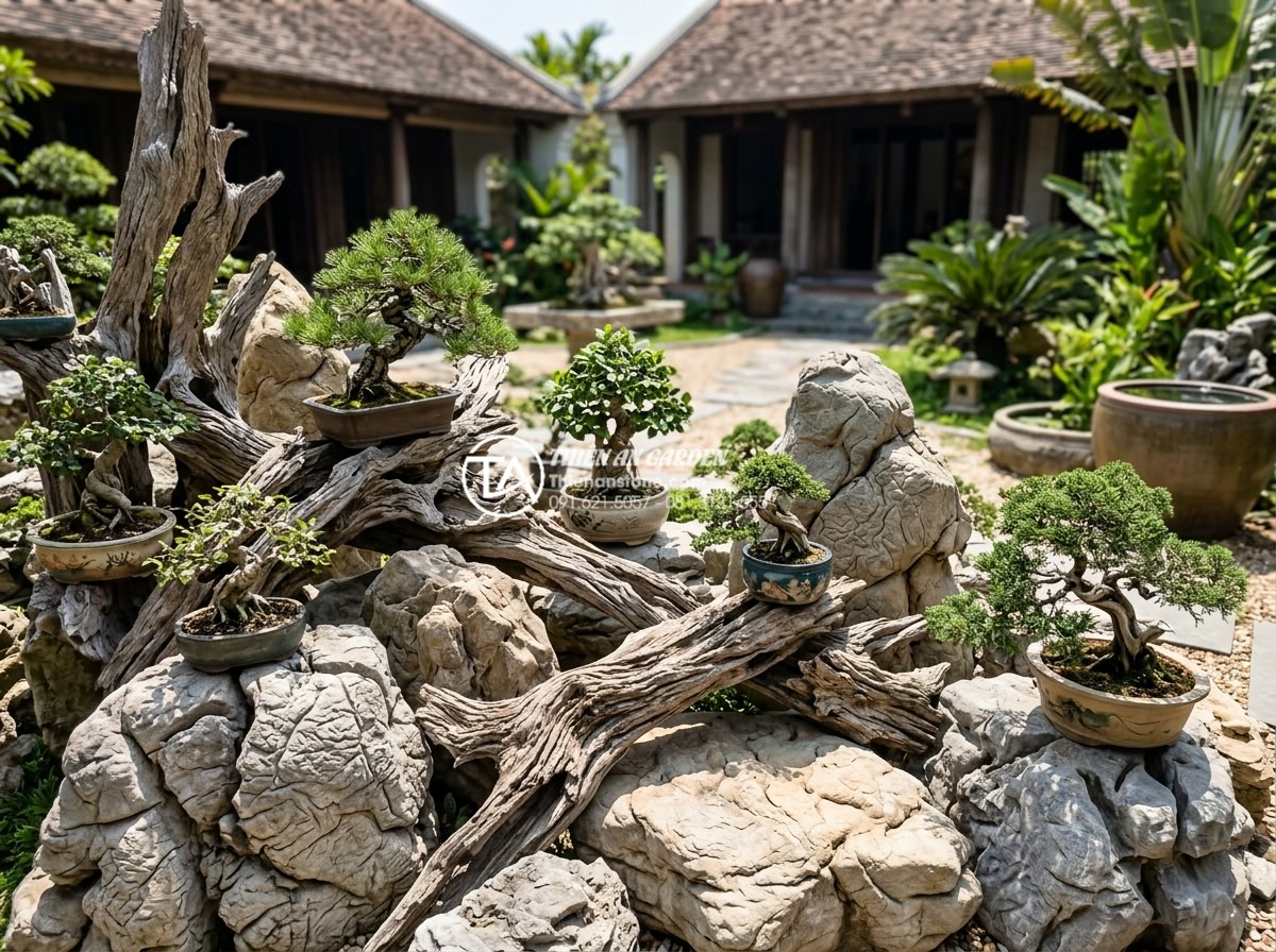 So sánh tiểu cảnh gỗ lũa khô và tiểu cảnh gỗ lũa bể cá (Aquascaping) - Detailed dry driftwood scene integrated with large natural stones and bonsai tre