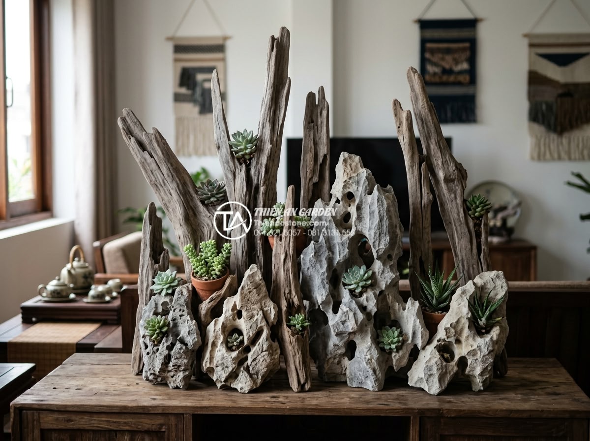 So sánh tiểu cảnh gỗ lũa khô và tiểu cảnh gỗ lũa bể cá (Aquascaping) - Artistic composition of multiple dry driftwood pieces arranged vertically with d