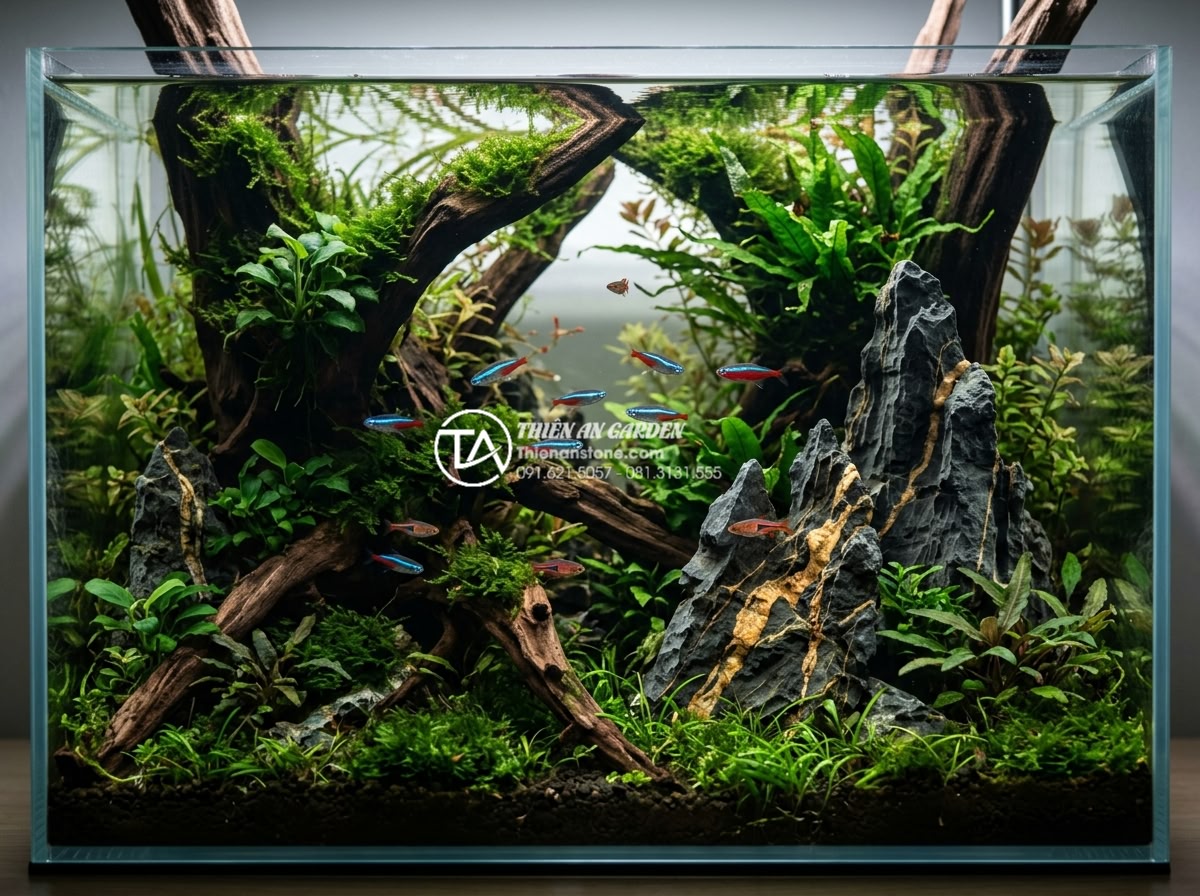 So sánh tiểu cảnh gỗ lũa khô và tiểu cảnh gỗ lũa bể cá (Aquascaping) - Vibrant aquascaping tank with large pieces of submerged driftwood, dense aquatic
