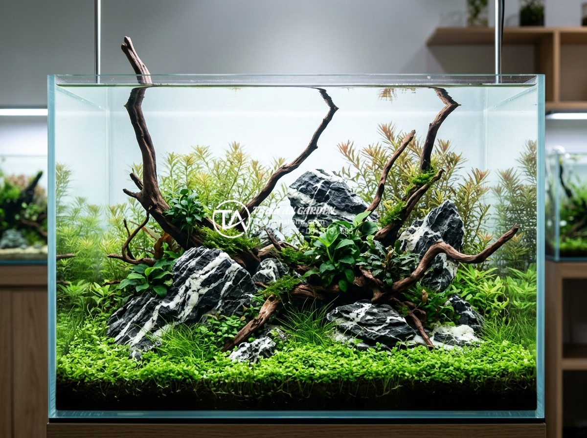 So sánh tiểu cảnh gỗ lũa khô và tiểu cảnh gỗ lũa bể cá (Aquascaping) - Professional aquascape layout featuring Malaysian driftwood, foreground plants, 