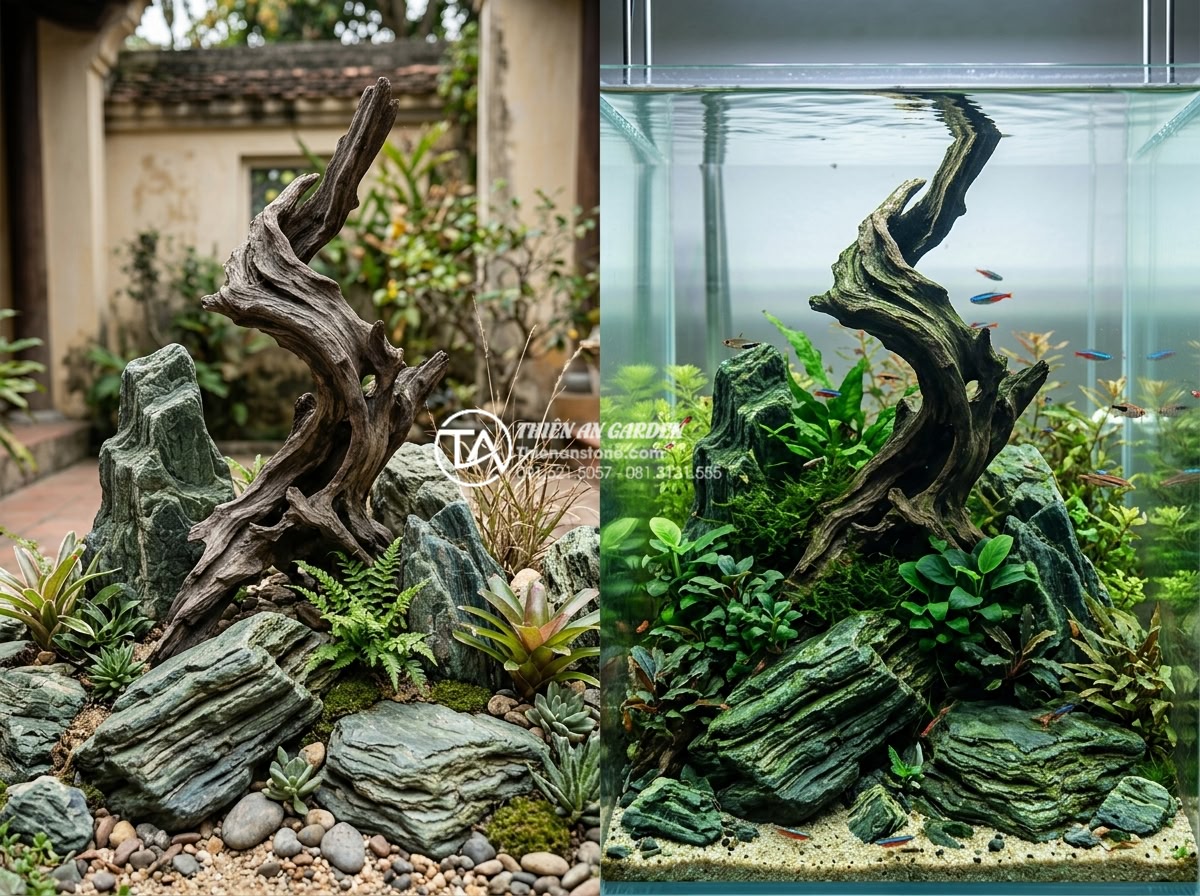 So sánh tiểu cảnh gỗ lũa khô và tiểu cảnh gỗ lũa bể cá (Aquascaping) - Side-by-side comparison image showing dry driftwood garden scene next to a lush 