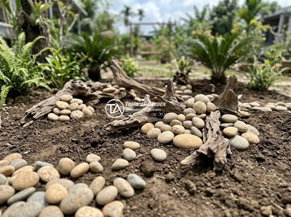 So sánh tiểu cảnh gỗ lũa khô và tiểu cảnh gỗ lũa bể cá (Aquascaping) - Step-by-step construction process of dry driftwood landscape with workers placin