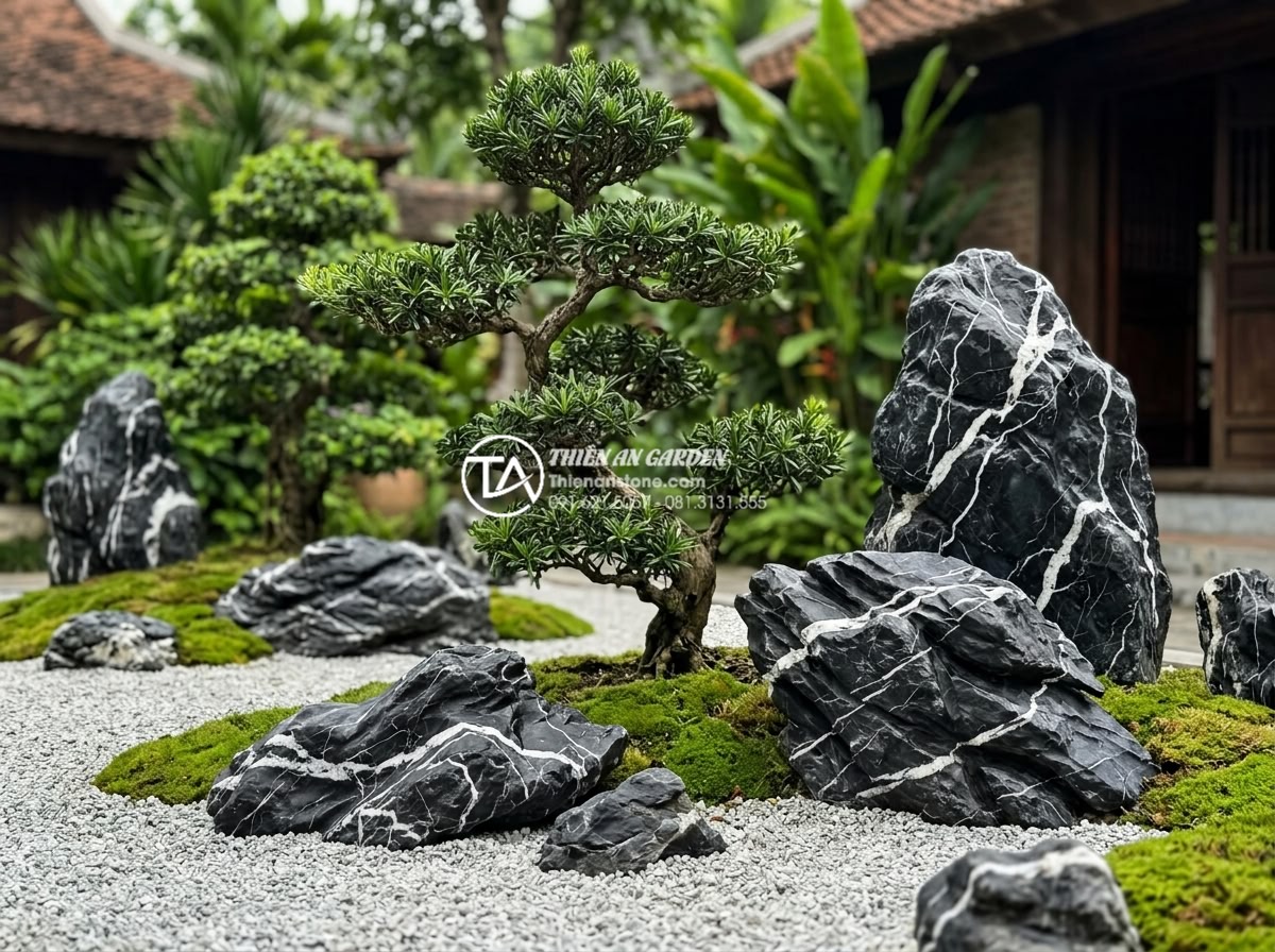 So sánh tiểu cảnh gốc cây phong cách Nhật Bản và phong cách Việt Nam - Hình 13 So sánh tiểu cảnh gốc cây phong cách Nhật Bản và phong cách Việt Nam - Advantages visualization of Japanese zen tree landscaping showing clean minimali