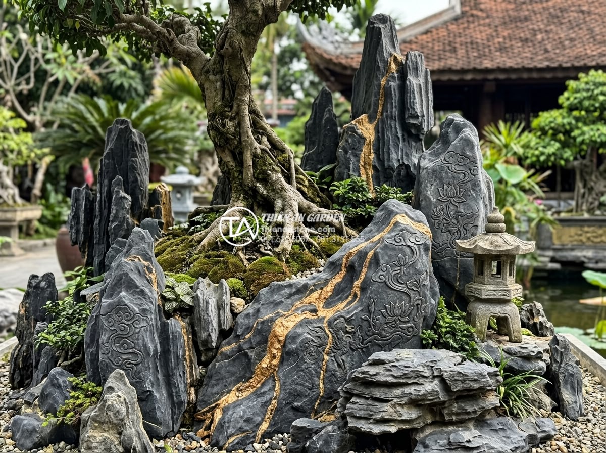 So sánh tiểu cảnh gốc cây phong cách Nhật Bản và phong cách Việt Nam - Hình 17 So sánh tiểu cảnh gốc cây phong cách Nhật Bản và phong cách Việt Nam - Hybrid Japanese-Vietnamese tree base landscape blending zen stones with carved d