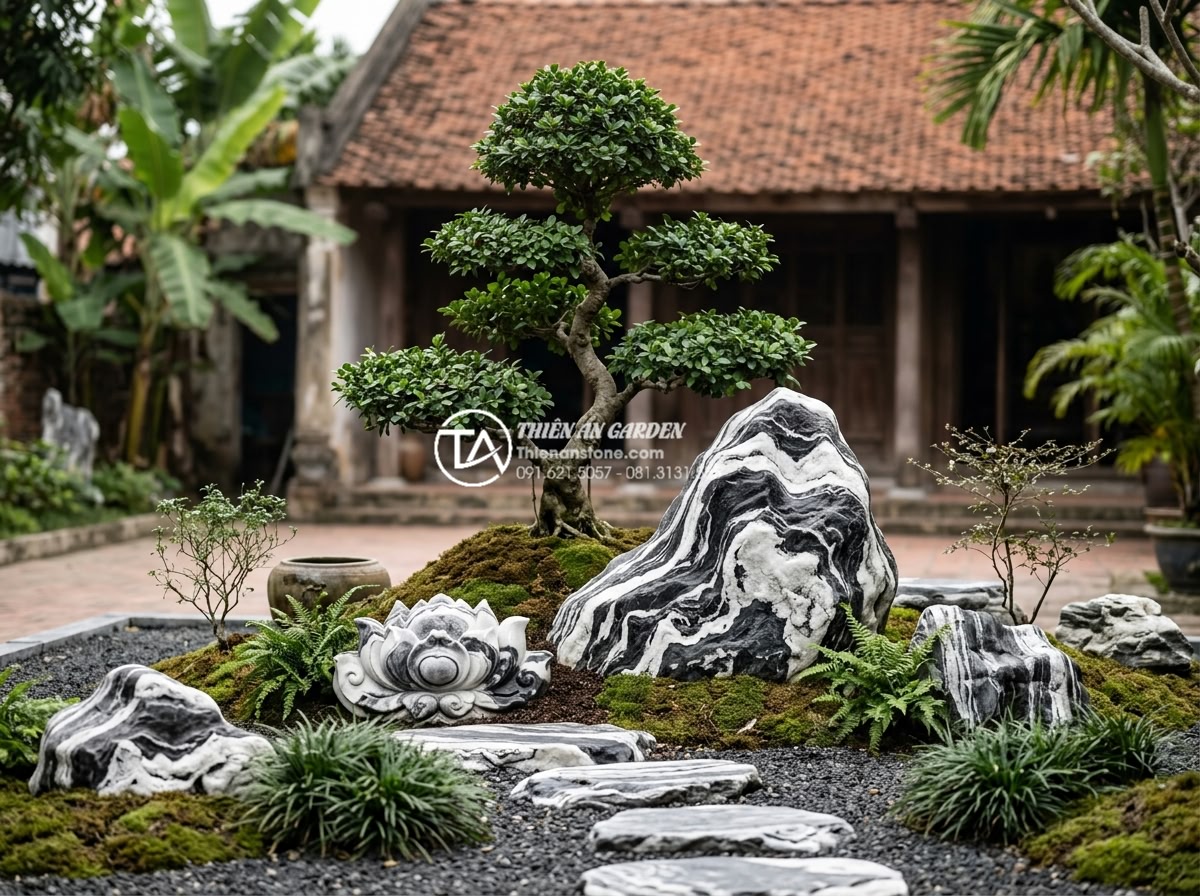 So sánh tiểu cảnh gốc cây phong cách Nhật Bản và phong cách Việt Nam - Hình 18 So sánh tiểu cảnh gốc cây phong cách Nhật Bản và phong cách Việt Nam - Successful fusion example of Japanese minimalism and Vietnamese cultural stone a