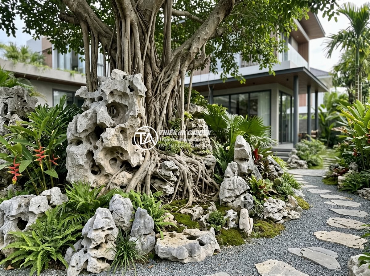 So sánh tiểu cảnh gốc cây phong cách Nhật Bản và phong cách Việt Nam - Hình 2 So sánh tiểu cảnh gốc cây phong cách Nhật Bản và phong cách Việt Nam - Wide angle shot of a modern Vietnamese villa garden with stone-based tree root l