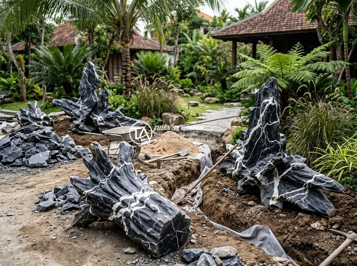 So sánh tiểu cảnh gốc cây phong cách Nhật Bản và phong cách Việt Nam - Hình 20 So sánh tiểu cảnh gốc cây phong cách Nhật Bản và phong cách Việt Nam - Expert team installing natural stone tree root landscaping in a luxury villa gar
