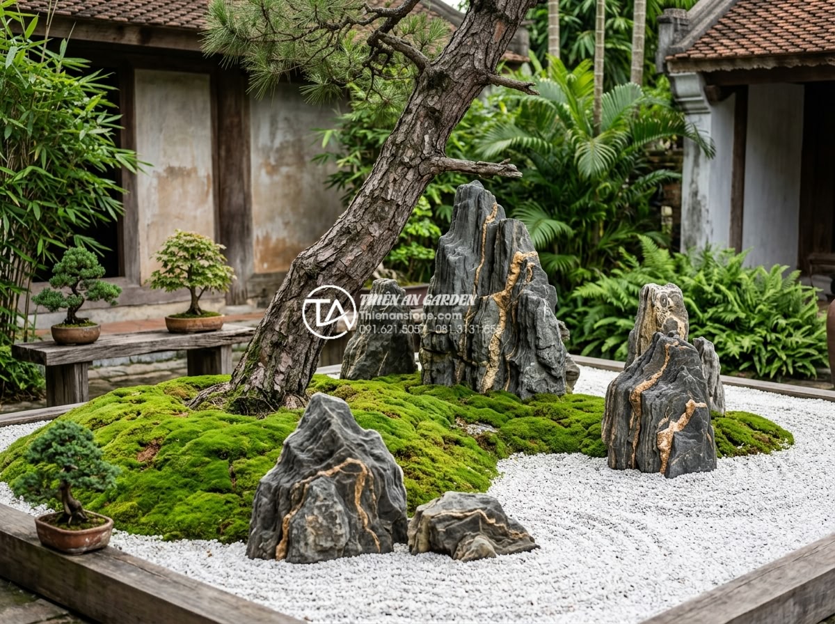 So sánh tiểu cảnh gốc cây phong cách Nhật Bản và phong cách Việt Nam - Hình 3 So sánh tiểu cảnh gốc cây phong cách Nhật Bản và phong cách Việt Nam - Minimalist Japanese zen garden tree base landscape with large irregular natural