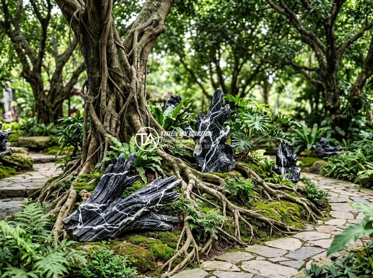 So sánh tiểu cảnh gốc cây phong cách Nhật Bản và phong cách Việt Nam - Hình 6 So sánh tiểu cảnh gốc cây phong cách Nhật Bản và phong cách Việt Nam - Ornate Vietnamese garden tree root scene featuring hand-carved stone art pieces,