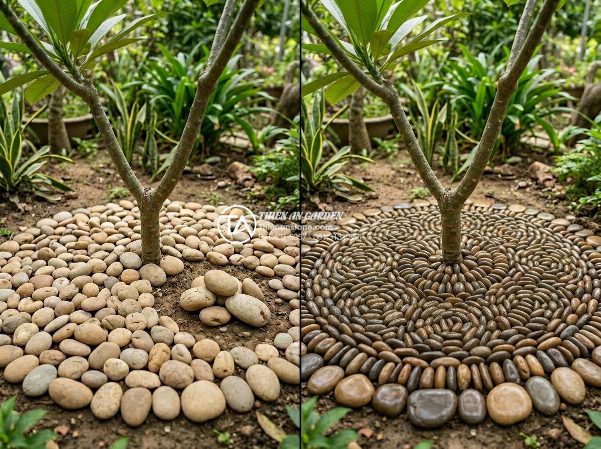 So sánh tiểu cảnh gốc cây phong cách Nhật Bản và phong cách Việt Nam - Hình 7 So sánh tiểu cảnh gốc cây phong cách Nhật Bản và phong cách Việt Nam - Side-by-side comparison of Japanese zen stones versus Vietnamese carved decorati