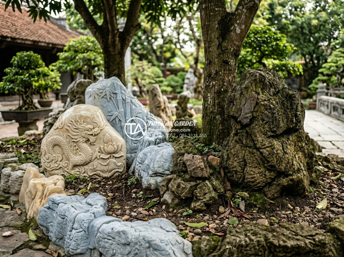 So sánh tiểu cảnh gốc cây phong cách Nhật Bản và phong cách Việt Nam - Hình 8 So sánh tiểu cảnh gốc cây phong cách Nhật Bản và phong cách Việt Nam - Natural stone materials comparison for garden landscaping showing rough Japanese