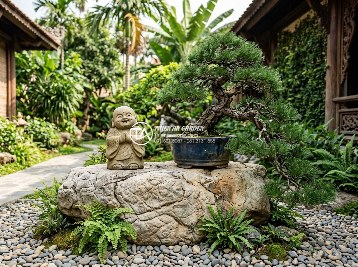 Sự kết hợp hoàn hảo giữa tiểu cảnh chú tiểu và cây Bonsai nghệ thuật - Hình 3 Sự kết hợp hoàn hảo giữa tiểu cảnh chú tiểu và cây Bonsai nghệ thuật - Professional landscape photography of a luxurious outdoor garden scene showing a