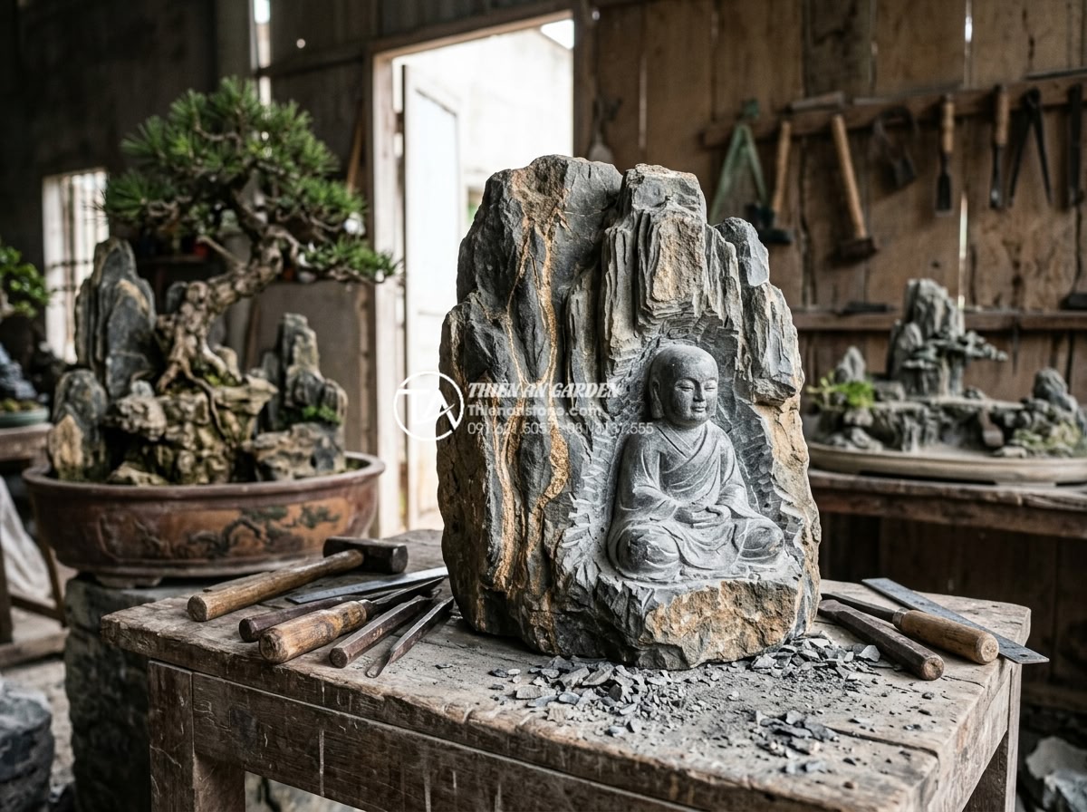 Sự kết hợp hoàn hảo giữa tiểu cảnh chú tiểu và cây Bonsai nghệ thuật - Hình 5 Sự kết hợp hoàn hảo giữa tiểu cảnh chú tiểu và cây Bonsai nghệ thuật - Artistic high-detail photograph of a master craftsman carefully carving a stone
