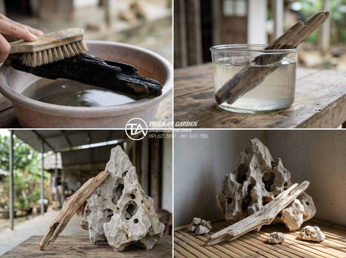 Tại sao gỗ lũa bị đen? Cách khắc phục và phục hồi màu tự nhiên - Hình 11 Tại sao gỗ lũa bị đen? Cách khắc phục và phục hồi màu tự nhiên - Step-by-step cleaning process of blackened driftwood using brushes, vinegar solu
