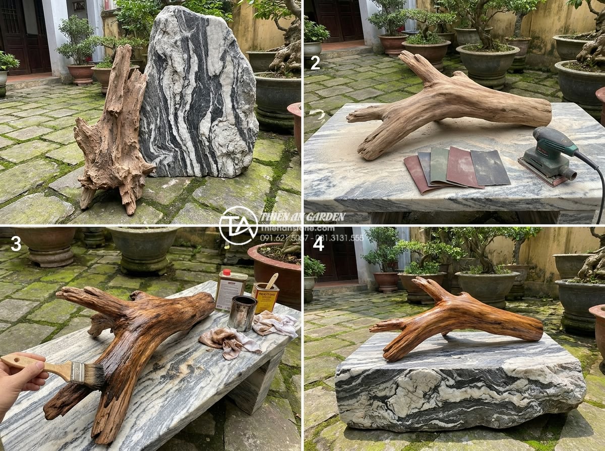 Tại sao gỗ lũa bị đen? Cách khắc phục và phục hồi màu tự nhiên - Hình 13 Tại sao gỗ lũa bị đen? Cách khắc phục và phục hồi màu tự nhiên - Professional restoration process of driftwood including sanding stages, oil appl