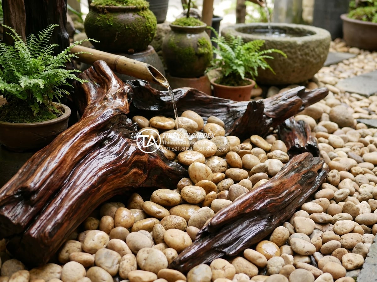 Tại sao gỗ lũa bị đen? Cách khắc phục và phục hồi màu tự nhiên - Hình 16 Tại sao gỗ lũa bị đen? Cách khắc phục và phục hồi màu tự nhiên - High gloss polished driftwood integrated into elegant garden design highlighting
