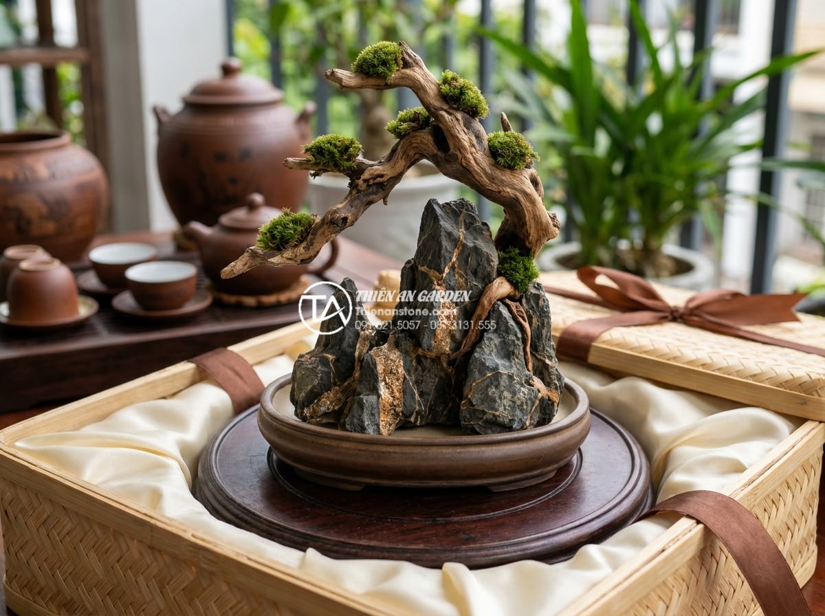 Tại sao gỗ lũa bị đen? Cách khắc phục và phục hồi màu tự nhiên - Hình 19 Tại sao gỗ lũa bị đen? Cách khắc phục và phục hồi màu tự nhiên - Mini driftwood bonsai-style gift scenes with restored natural color, stones, and