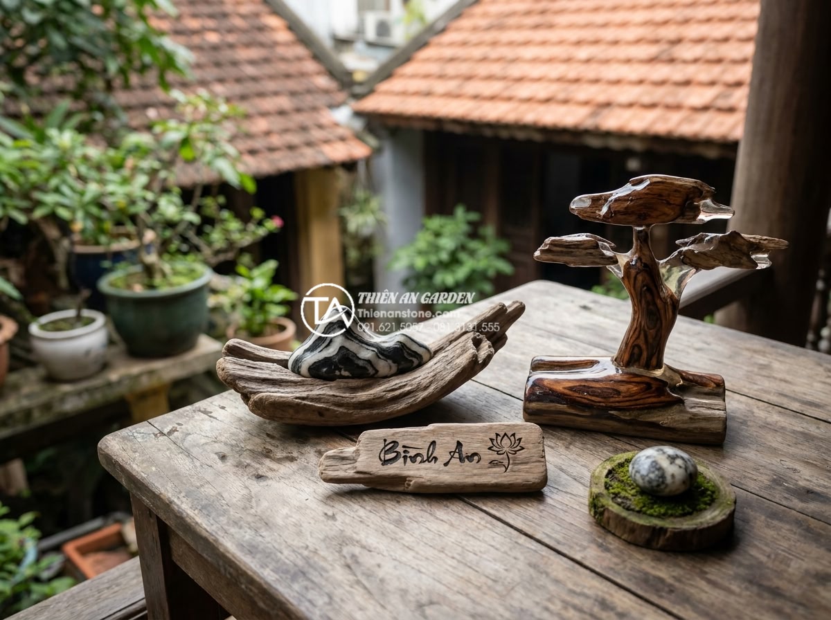 Tại sao gỗ lũa bị đen? Cách khắc phục và phục hồi màu tự nhiên - Hình 20 Tại sao gỗ lũa bị đen? Cách khắc phục và phục hồi màu tự nhiên - Variety of creative mini driftwood gift ideas including desktop decor, personali