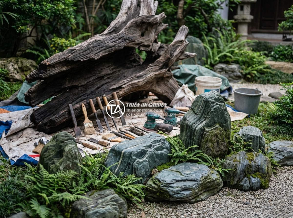 Tại sao gỗ lũa bị đen? Cách khắc phục và phục hồi màu tự nhiên - Hình 21 Tại sao gỗ lũa bị đen? Cách khắc phục và phục hồi màu tự nhiên - Expert maintenance team from Da Canh Thien An working on driftwood restoration i