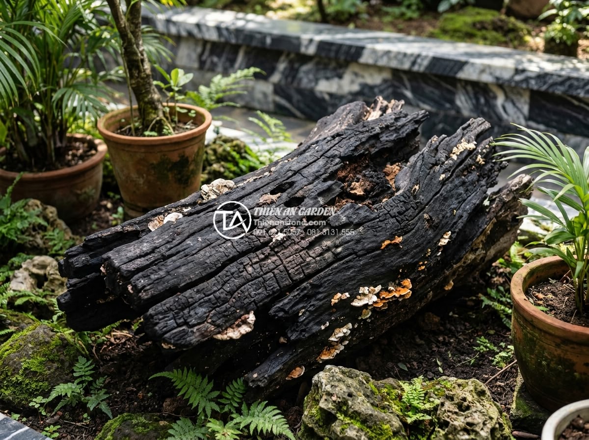 Tại sao gỗ lũa bị đen? Cách khắc phục và phục hồi màu tự nhiên - Hình 6 Tại sao gỗ lũa bị đen? Cách khắc phục và phục hồi màu tự nhiên - Detailed diagnostic image of severely blackened driftwood with cracks, soft spot