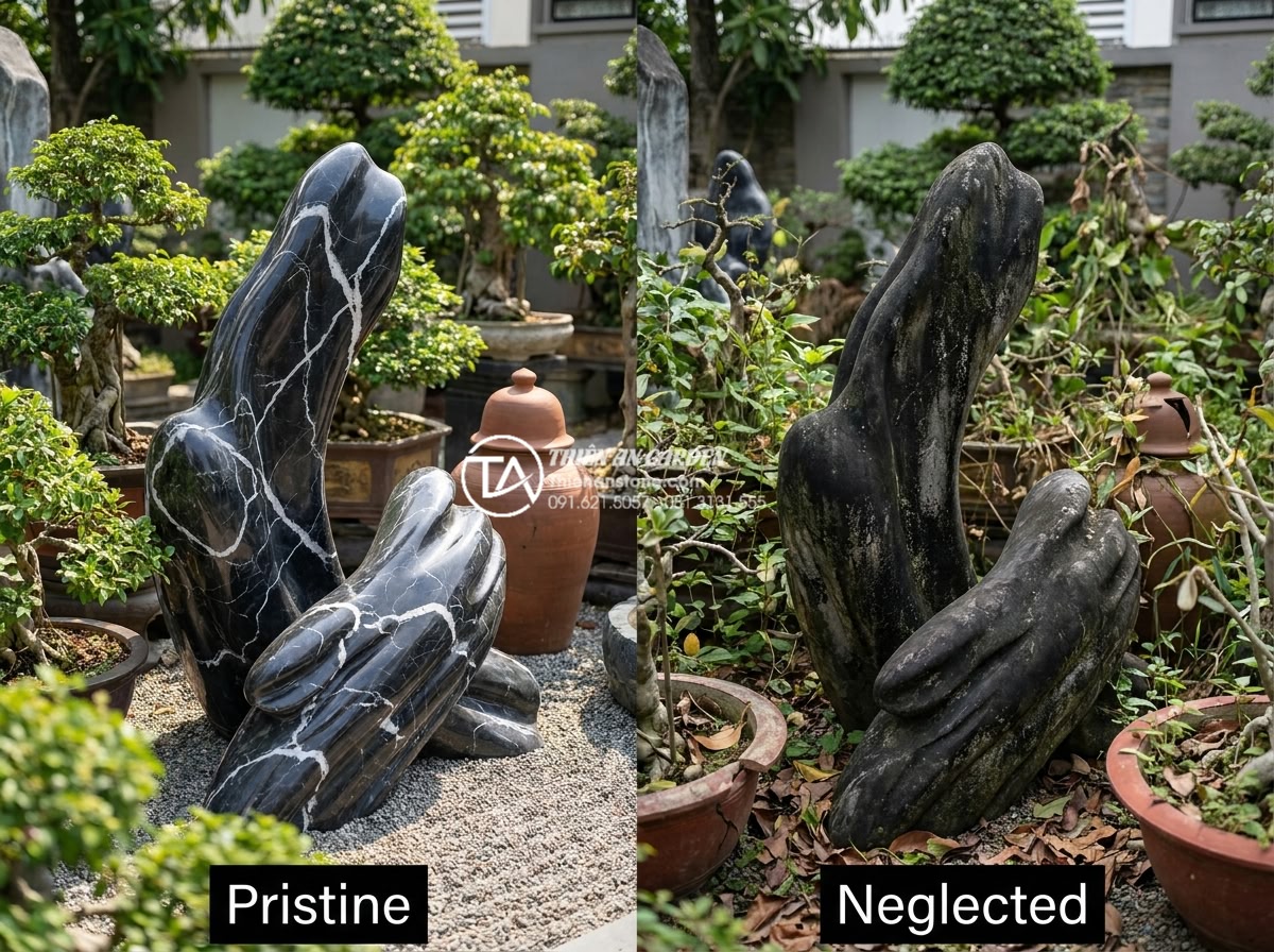 Tại sao gỗ lũa bị đen? Cách khắc phục và phục hồi màu tự nhiên - Hình 8 Tại sao gỗ lũa bị đen? Cách khắc phục và phục hồi màu tự nhiên - Consequences shown in split image: pristine driftwood vs neglected blackened ver