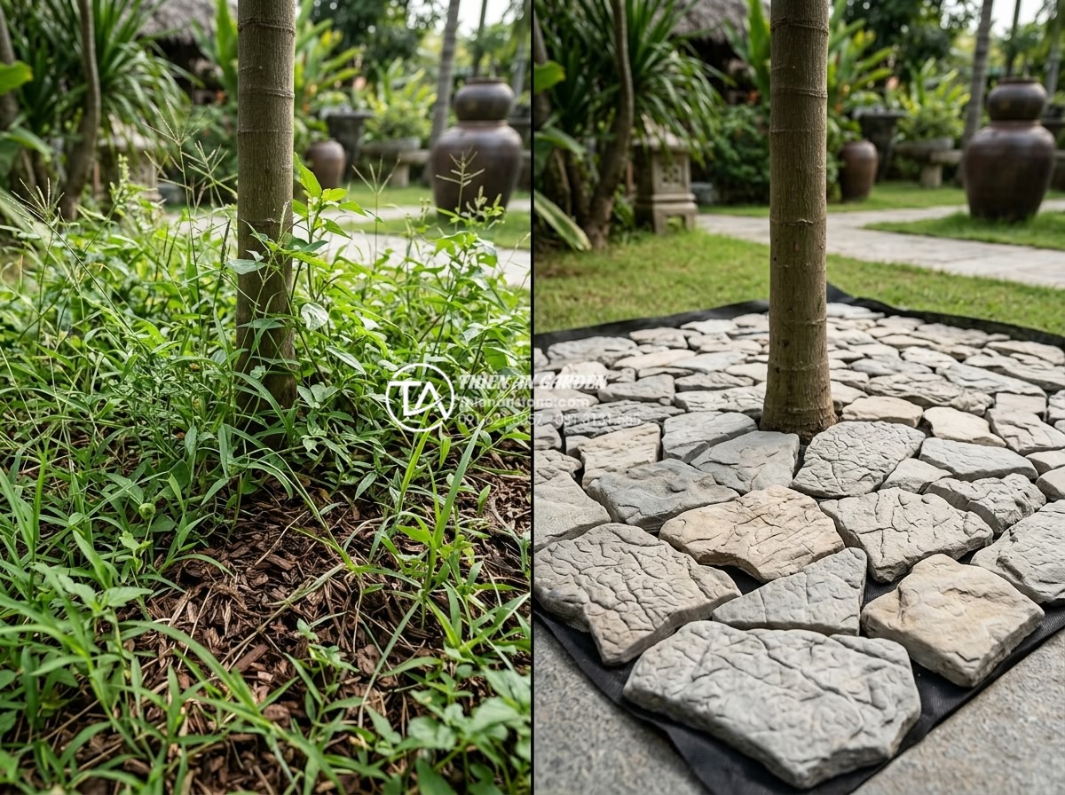 Tầm quan trọng của lớp vải địa kỹ thuật trong thi công tiểu cảnh gốc cây - Hình 3 Tầm quan trọng của lớp vải địa kỹ thuật trong thi công tiểu cảnh gốc cây - Side-by-side comparison showing weed growth in traditional mulch-only tree base