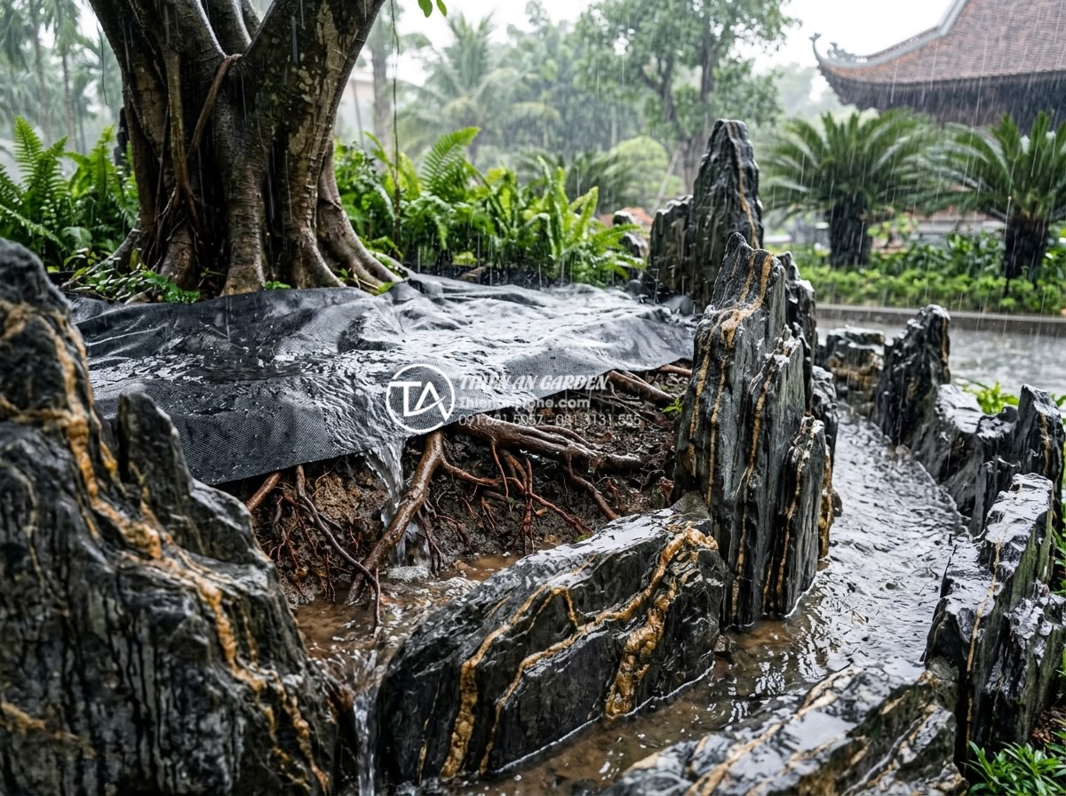 Tầm quan trọng của lớp vải địa kỹ thuật trong thi công tiểu cảnh gốc cây - Hình 5 Tầm quan trọng của lớp vải địa kỹ thuật trong thi công tiểu cảnh gốc cây - Excellent drainage system in geotextile protected tree root landscape during hea