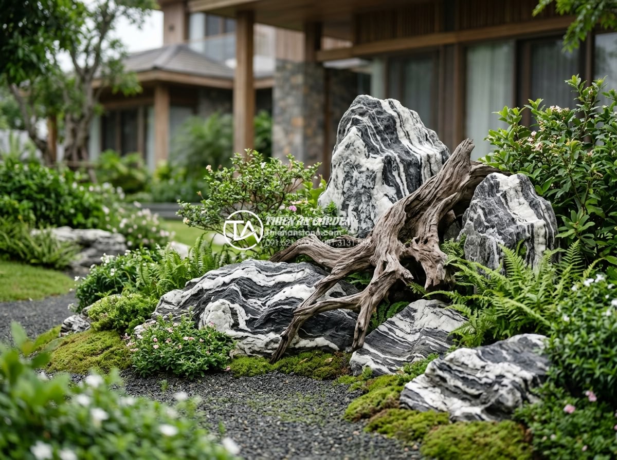 Tầm quan trọng của lớp vải địa kỹ thuật trong thi công tiểu cảnh gốc cây - Hình 6 Tầm quan trọng của lớp vải địa kỹ thuật trong thi công tiểu cảnh gốc cây - Luxury villa garden in Vietnam featuring elegant tree root landscape with natura