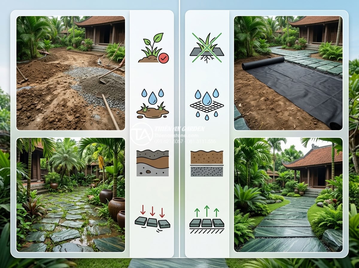 Tầm quan trọng của lớp vải địa kỹ thuật trong thi công tiểu cảnh gốc cây - Hình 7 Tầm quan trọng của lớp vải địa kỹ thuật trong thi công tiểu cảnh gốc cây - Professional comparison chart and real project photos showing geotextile fabric