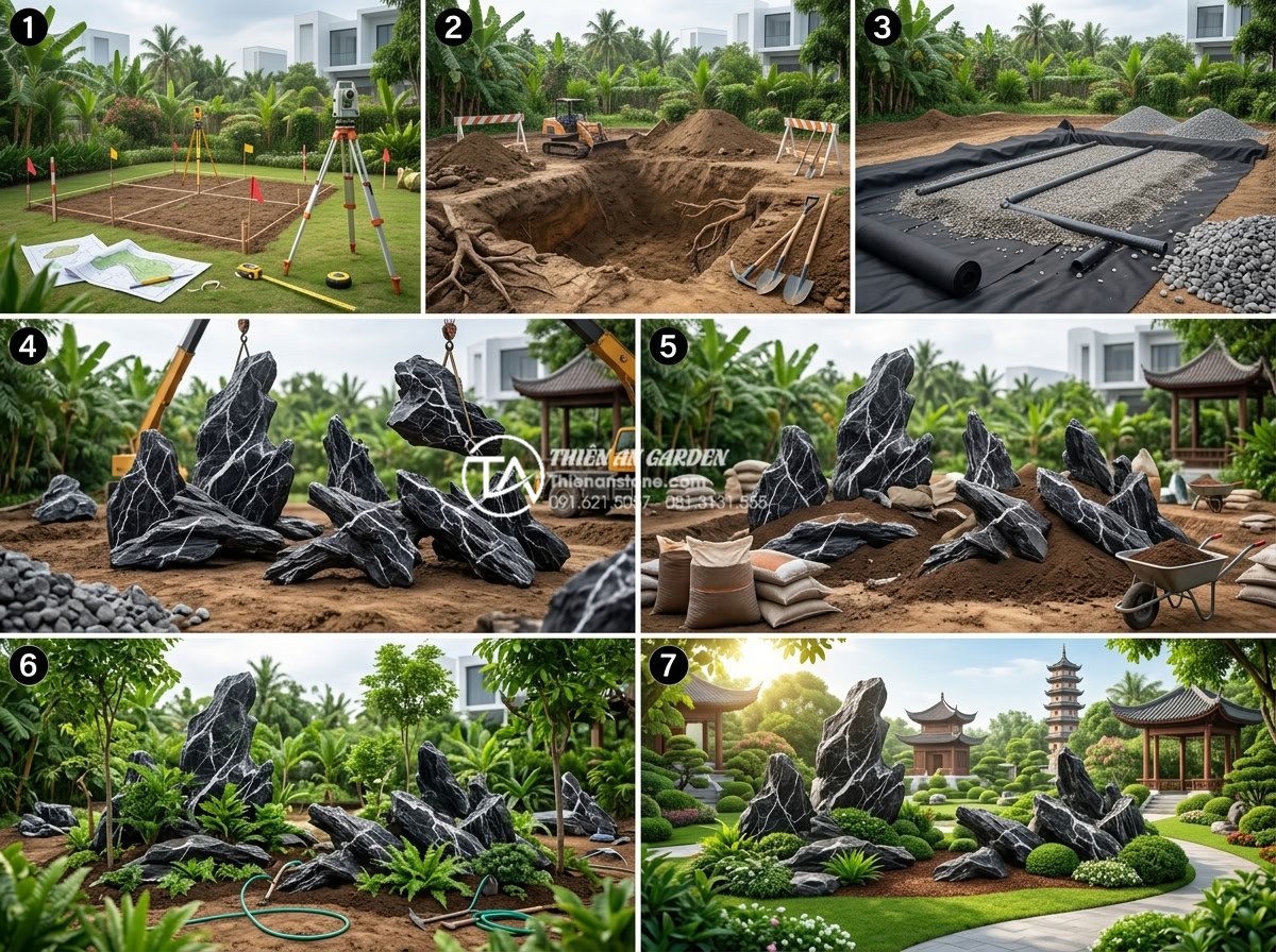 Tầm quan trọng của lớp vải địa kỹ thuật trong thi công tiểu cảnh gốc cây - Hình 8 Tầm quan trọng của lớp vải địa kỹ thuật trong thi công tiểu cảnh gốc cây - Detailed 7-step construction guide infographic for geotextile tree root landscap