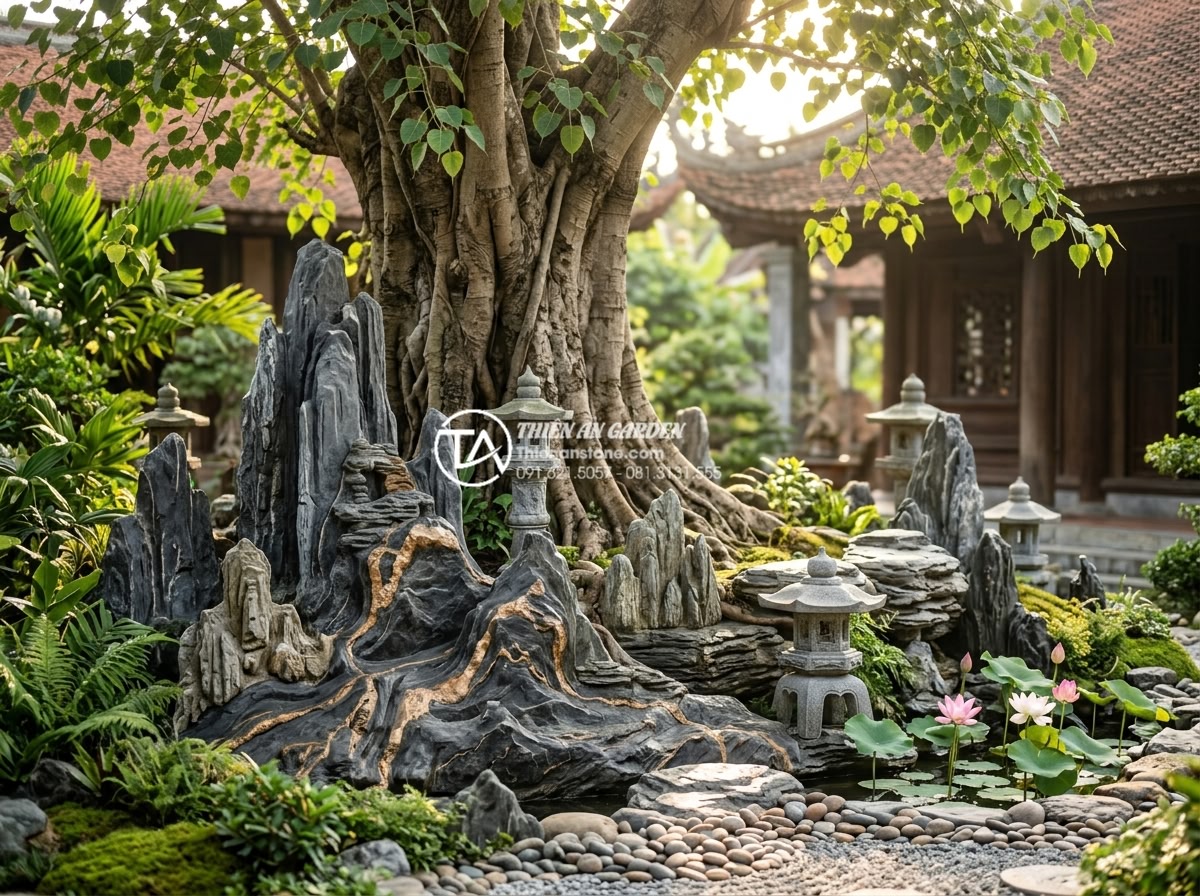 Thiết kế không gian thiền với tiểu cảnh dưới gốc cây bồ đề - Hình 1 Thiết kế không gian thiền với tiểu cảnh dưới gốc cây bồ đề - Photorealistic serene meditation garden under ancient sacred Bodhi tree with int