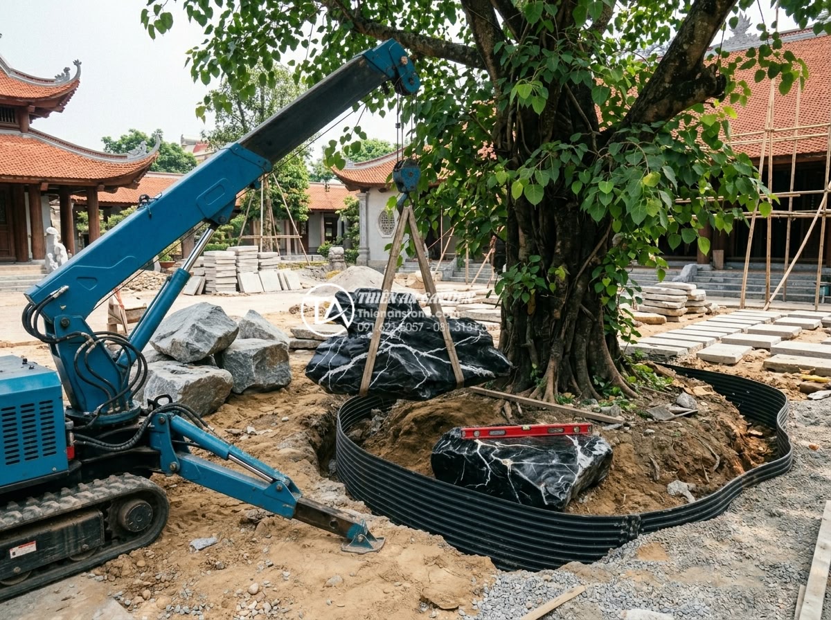 Thiết kế không gian thiền với tiểu cảnh dưới gốc cây bồ đề - Hình 4 Thiết kế không gian thiền với tiểu cảnh dưới gốc cây bồ đề - Professional construction process of zen garden under Bodhi tree: skilled worker