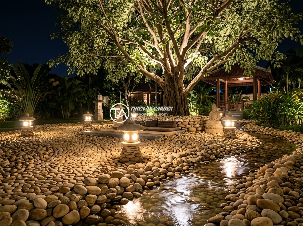 Thiết kế không gian thiền với tiểu cảnh dưới gốc cây bồ đề - Hình 5 Thiết kế không gian thiền với tiểu cảnh dưới gốc cây bồ đề - Night view of illuminated zen meditation space under Bodhi tree, warm LED stone