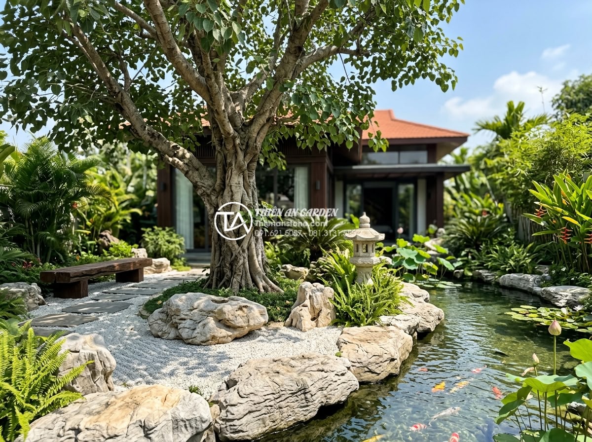 Thiết kế không gian thiền với tiểu cảnh dưới gốc cây bồ đề - Hình 6 Thiết kế không gian thiền với tiểu cảnh dưới gốc cây bồ đề - Luxury modern Vietnamese villa garden featuring majestic Bodhi tree with elegant