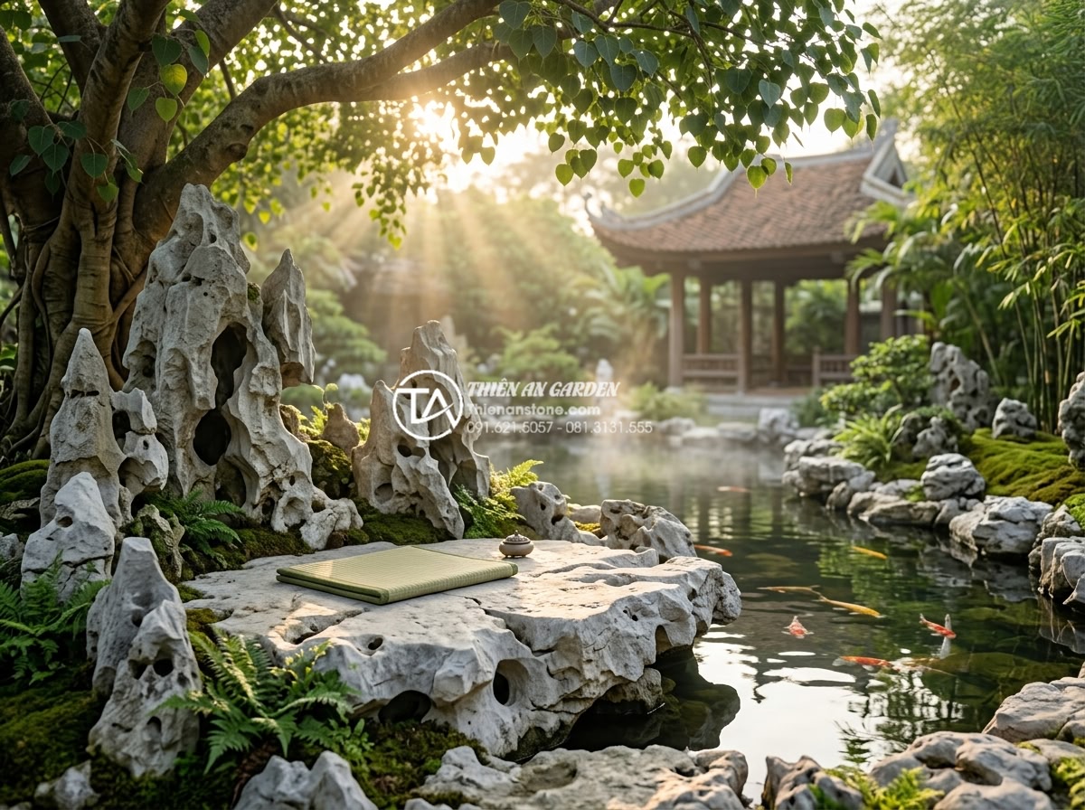 Thiết kế không gian thiền với tiểu cảnh dưới gốc cây bồ đề - Hình 7 Thiết kế không gian thiền với tiểu cảnh dưới gốc cây bồ đề - Peaceful morning meditation scene under Bodhi tree zen garden, person in lotus p