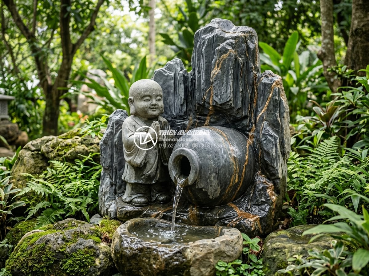 Tiểu cảnh chú tiểu chum nước: Tiếng nước chảy róc rách mang lại bình an - A highly detailed realistic photograph of a Vietnamese stone sculpture featuring