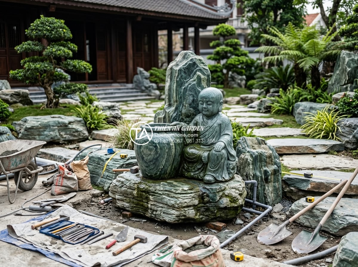 Tiểu cảnh chú tiểu chum nước: Tiếng nước chảy róc rách mang lại bình an - Professional team of stone artisans and landscape designers at Đá Cảnh Thiên An 