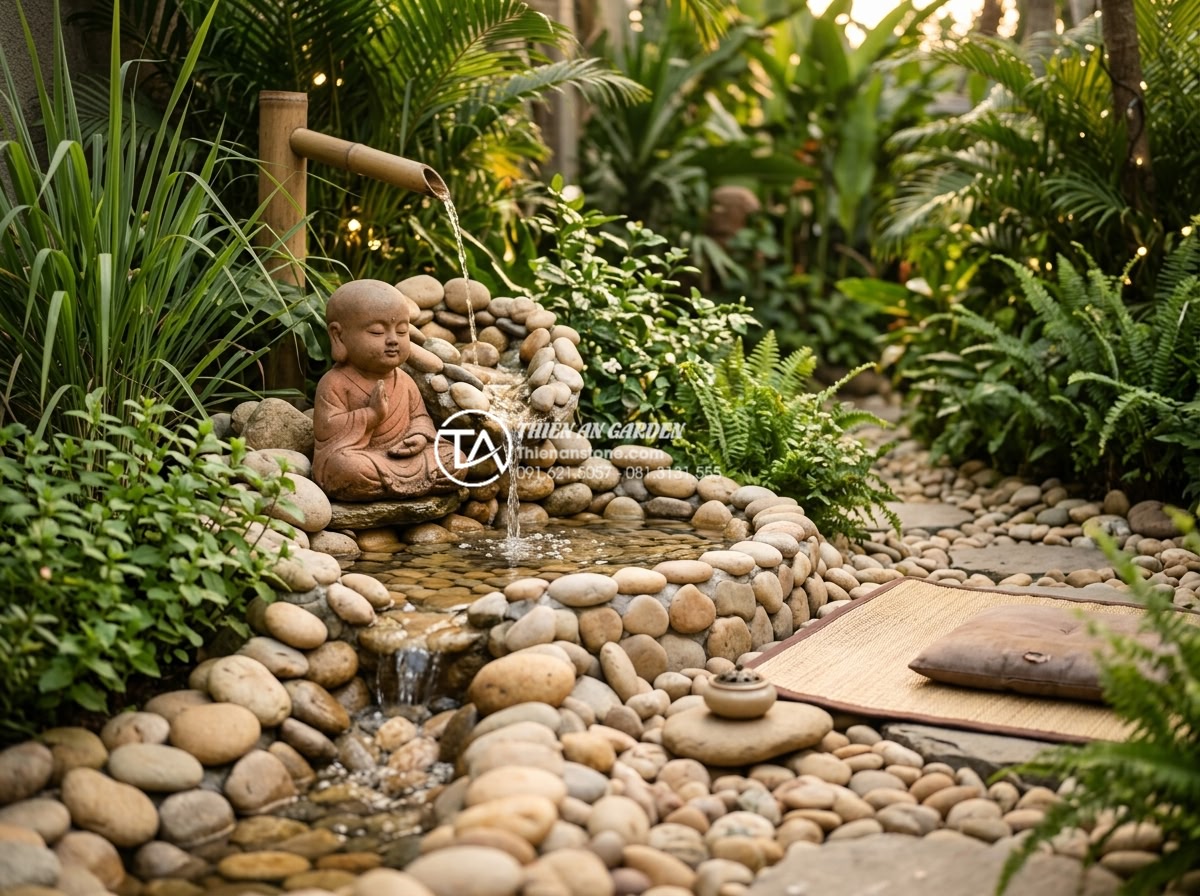 Tiểu cảnh chú tiểu chum nước: Tiếng nước chảy róc rách mang lại bình an - Relaxing garden corner with chú tiểu water feature, flowing water sounds, ambien