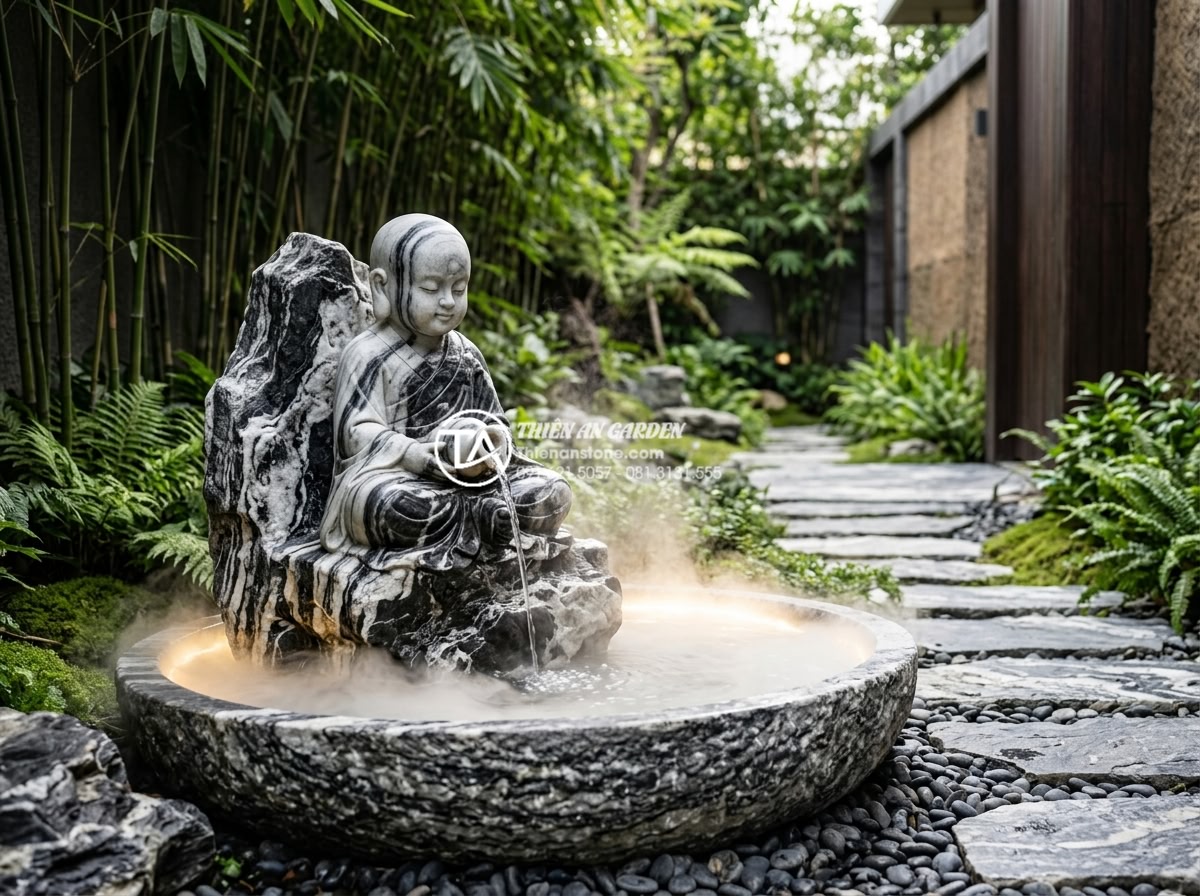 Tiểu cảnh chú tiểu chum nước: Tiếng nước chảy róc rách mang lại bình an - Creative modern fusion of traditional chú tiểu water feature with LED lighting a