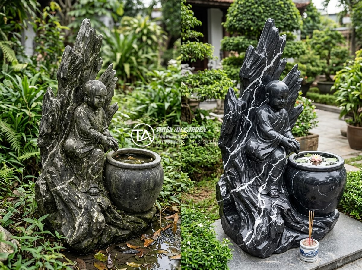 Tiểu cảnh chú tiểu chum nước: Tiếng nước chảy róc rách mang lại bình an - Before and after maintenance comparison of a weathered vs freshly cleaned and re