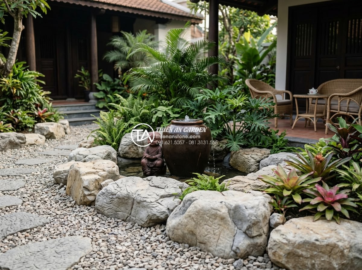 Tiểu cảnh chú tiểu chum nước: Tiếng nước chảy róc rách mang lại bình an - Happy customer family enjoying their newly installed serene garden with chú tiểu
