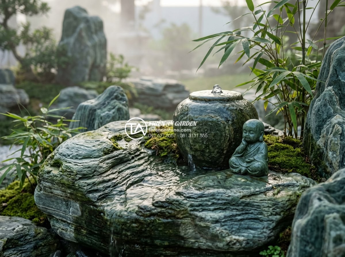 Tiểu cảnh chú tiểu chum nước: Tiếng nước chảy róc rách mang lại bình an - Serene feng shui garden scene with stone little monk water feature, water jar ov