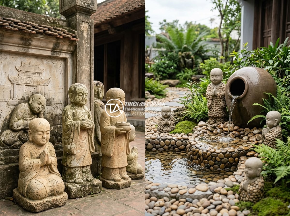 Tiểu cảnh chú tiểu chum nước: Tiếng nước chảy róc rách mang lại bình an - Historical evolution collage style image showing ancient Vietnamese stone monk c