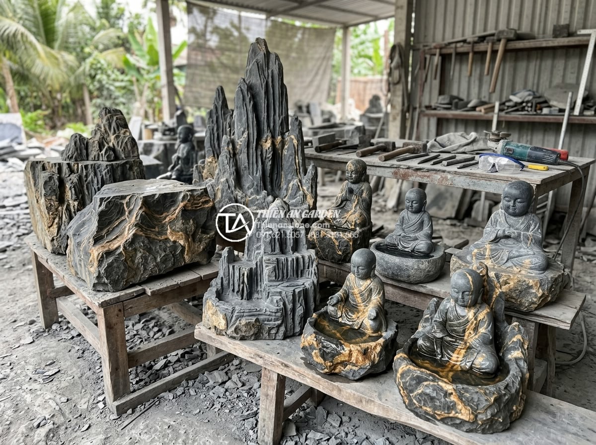 Tiểu cảnh chú tiểu chum nước: Tiếng nước chảy róc rách mang lại bình an - Variety of high-quality natural stones including granite, marble, and basalt blo