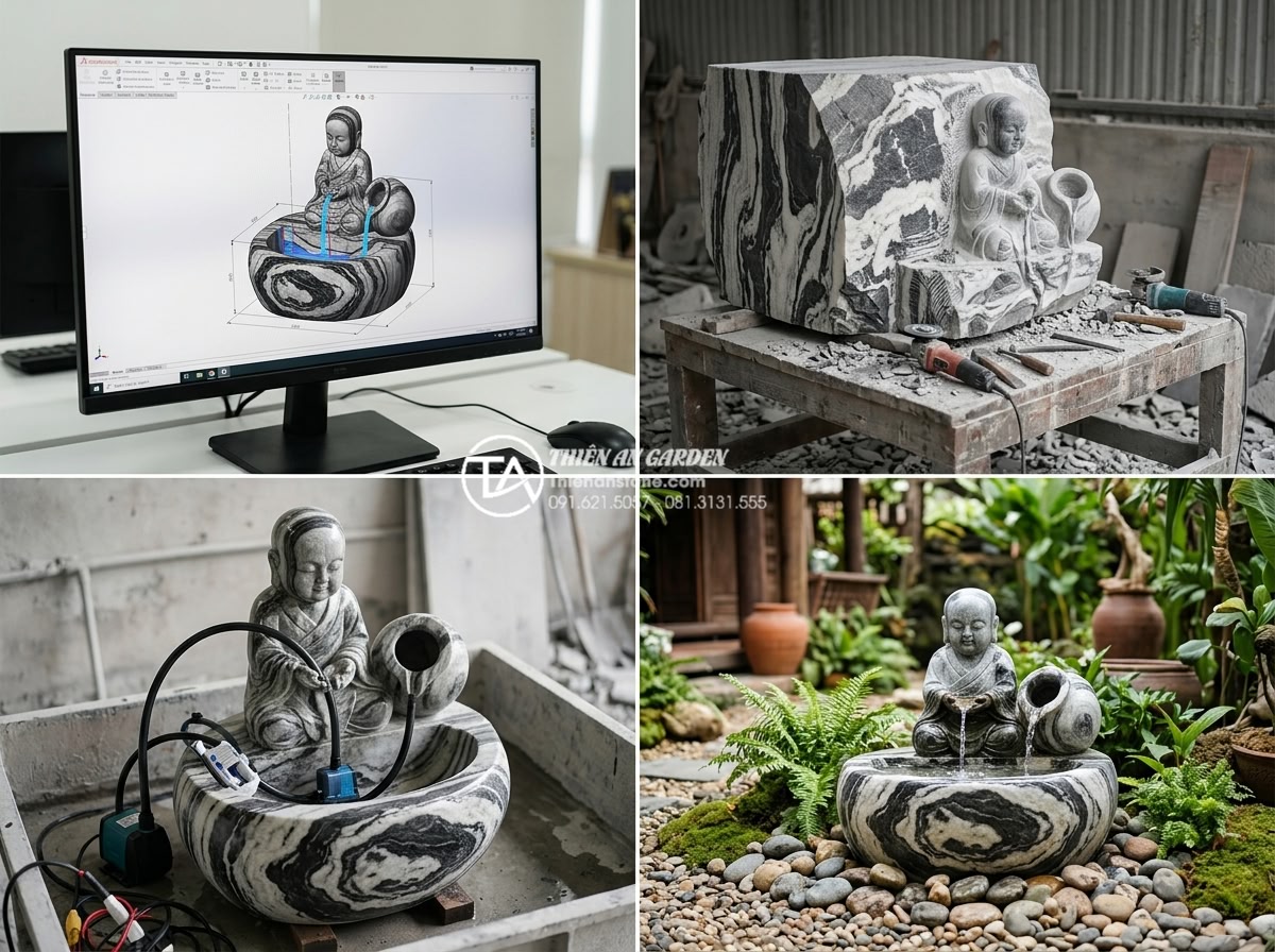 Tiểu cảnh chú tiểu chum nước: Tiếng nước chảy róc rách mang lại bình an - Step-by-step professional process of designing and constructing a stone chú tiểu