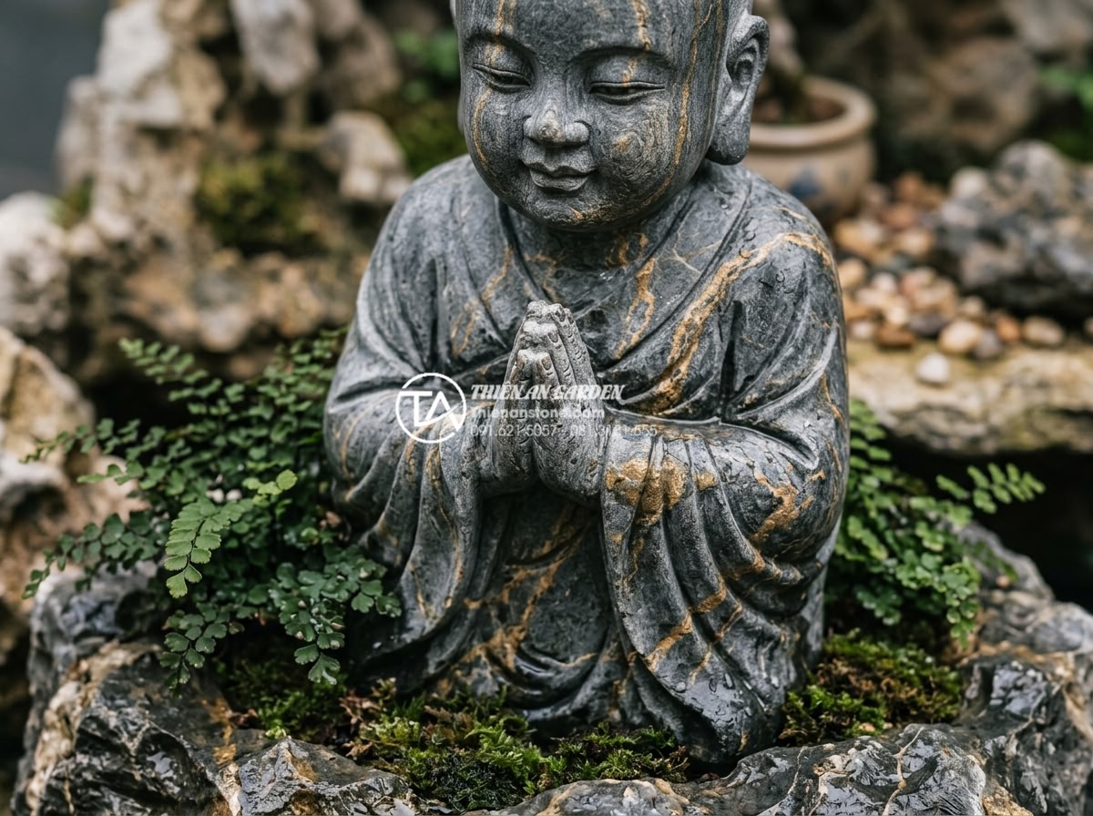 Tiểu cảnh chú tiểu là gì? Ý nghĩa phong thủy và nghệ thuật bài trí - Hình 2 Tiểu cảnh chú tiểu là gì? Ý nghĩa phong thủy và nghệ thuật bài trí - Close-up detail shot of a hand-carved young Buddhist novice monk statue made fro