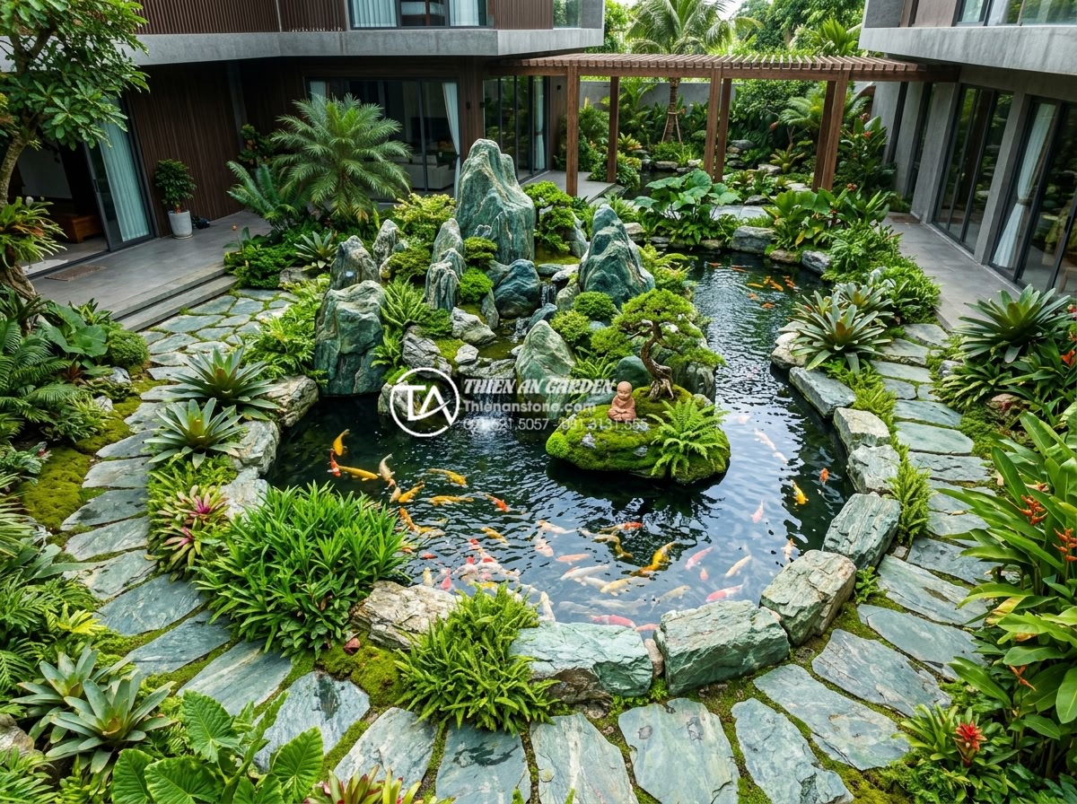 Tiểu cảnh chú tiểu là gì? Ý nghĩa phong thủy và nghệ thuật bài trí - Hình 4 Tiểu cảnh chú tiểu là gì? Ý nghĩa phong thủy và nghệ thuật bài trí - Artistic overhead view of a luxurious modern villa garden showcasing a large sca