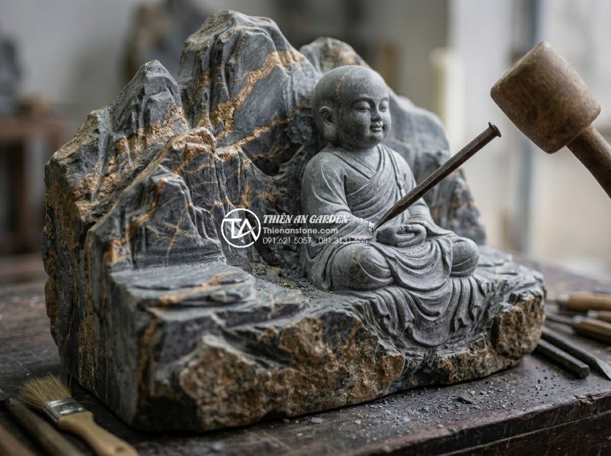 Tiểu cảnh chú tiểu là gì? Ý nghĩa phong thủy và nghệ thuật bài trí - Hình 9 Tiểu cảnh chú tiểu là gì? Ý nghĩa phong thủy và nghệ thuật bài trí - High resolution macro photograph of premium natural granite stone being hand car