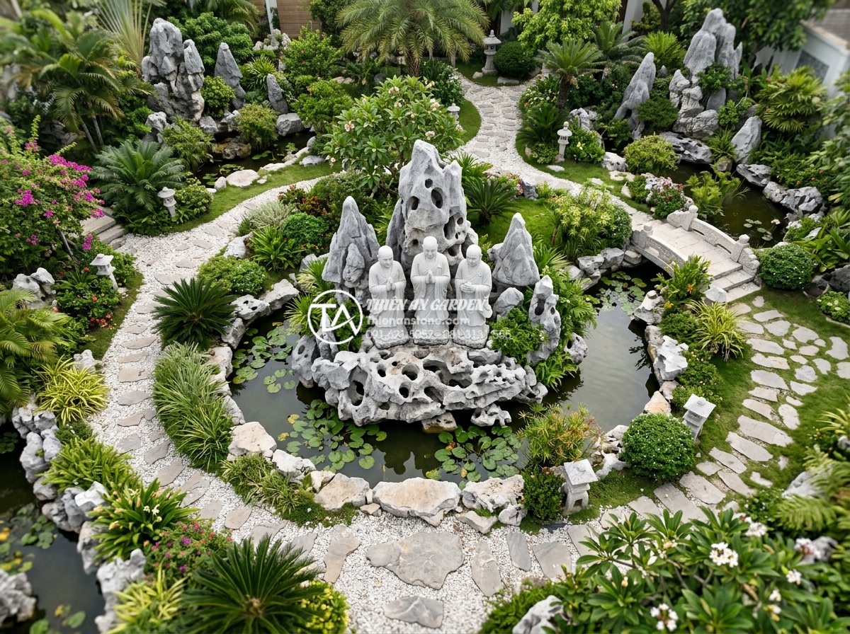 Tiểu cảnh chú tiểu tam không: Ý nghĩa sâu sắc về triết lý sống an nhiên - Hình 10 Tiểu cảnh chú tiểu tam không: Ý nghĩa sâu sắc về triết lý sống an nhiên - Aerial view of complete garden design featuring central three monk sculpture gro